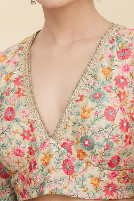 Pranay Baidya Beige Chanderi V Neck Blouse at Aza Fashions Pranay Baidya_Beige Chanderi V Neck Blouse _at_Aza_Fashions