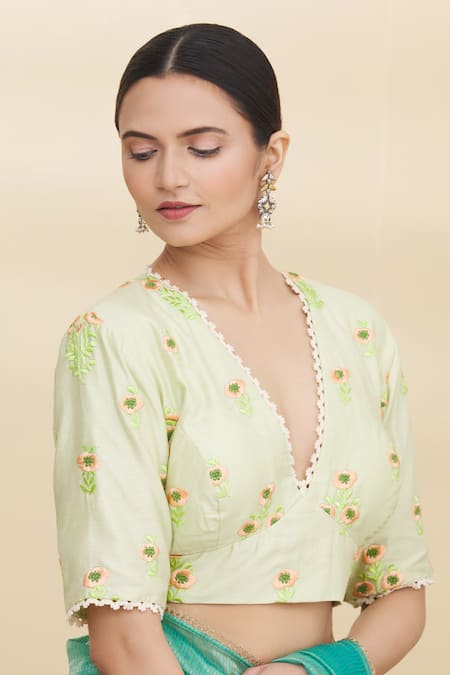 Pranay Baidya_Green Chanderi V Neck Blouse _Online_at_Aza_Fashions