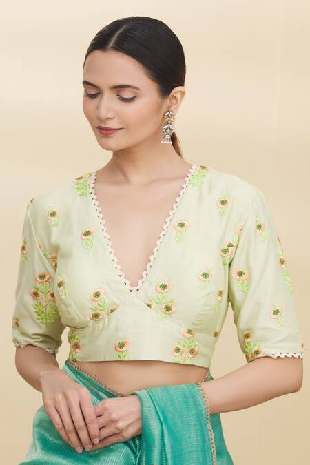 Shop_Pranay Baidya_Green Chanderi V Neck Blouse _Online_at_Aza_Fashions