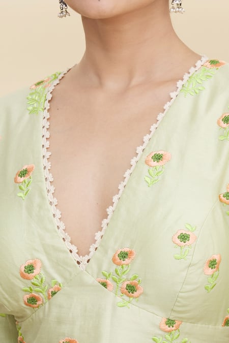 Pranay Baidya_Green Chanderi V Neck Blouse _at_Aza_Fashions