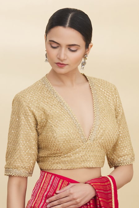 Pranay Baidya_Gold Net V Neck Sequin Embellished Blouse _Online_at_Aza_Fashions