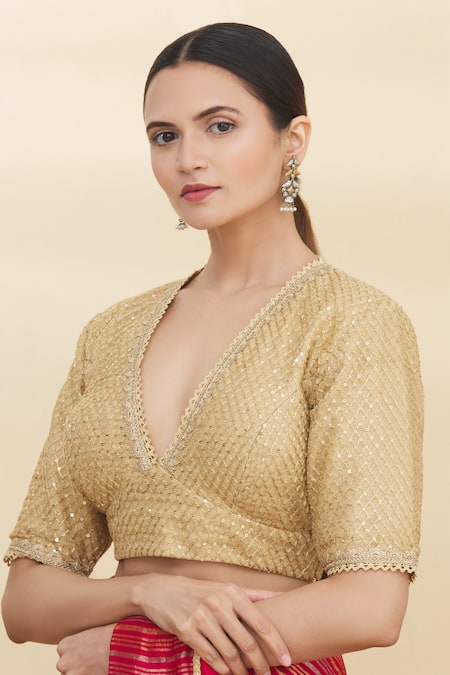 Buy_Pranay Baidya_Gold Net V Neck Sequin Embellished Blouse _Online_at_Aza_Fashions