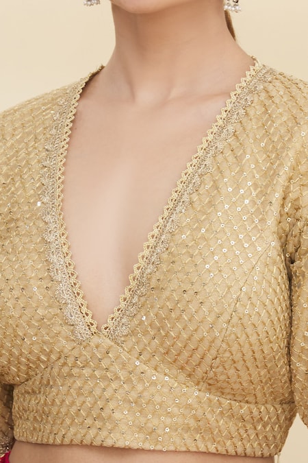 Pranay Baidya_Gold Net V Neck Sequin Embellished Blouse _at_Aza_Fashions