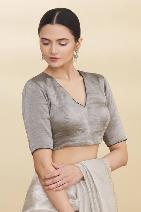 Pranay Baidya_Grey Tissue V Neck Blouse _Online_at_Aza_Fashions