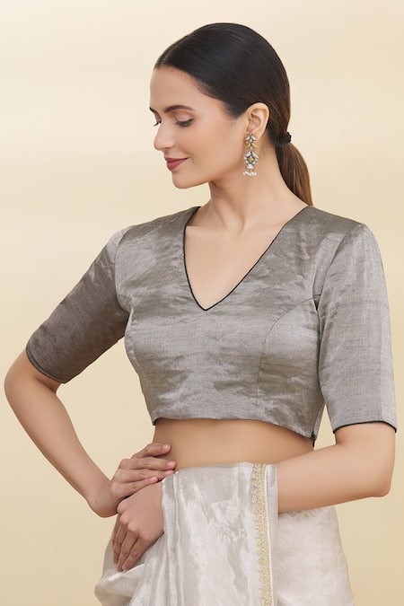 Buy_Pranay Baidya_Grey Tissue V Neck Blouse _Online_at_Aza_Fashions