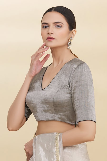 Shop_Pranay Baidya_Grey Tissue V Neck Blouse _Online_at_Aza_Fashions