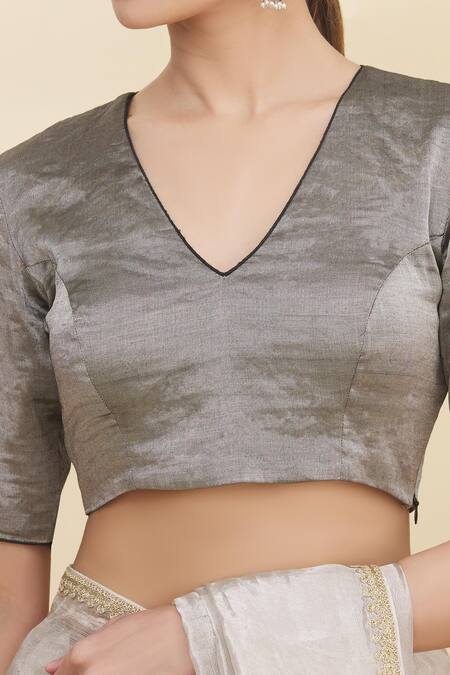 Pranay Baidya_Grey Tissue V Neck Blouse _at_Aza_Fashions