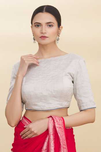 Shop_Pranay Baidya_Silver Tissue Round Blouse _Online_at_Aza_Fashions