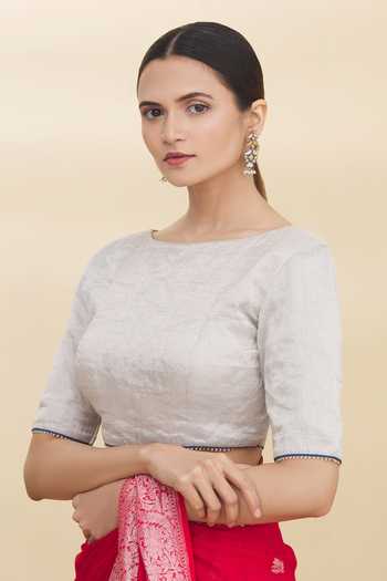 Buy_Pranay Baidya_Silver Tissue Round Blouse _Online_at_Aza_Fashions