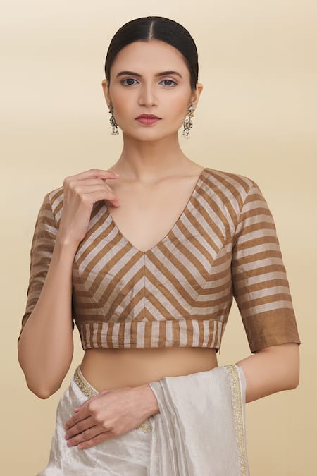 Pranay Baidya Gold Tissue Stripes V Neck Blouse