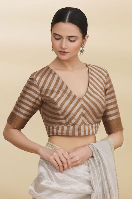 Pranay Baidya_Gold Tissue Stripes V Neck Blouse_Online_at_Aza_Fashions