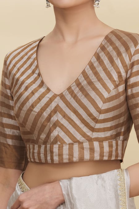 Pranay Baidya_Gold Tissue Stripes V Neck Blouse_at_Aza_Fashions