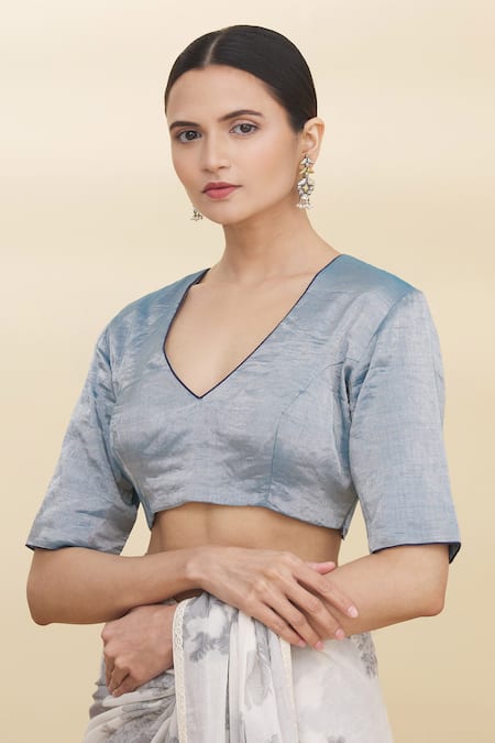 Pranay Baidya Blue Tissue Embroidery V Neck Blouse 