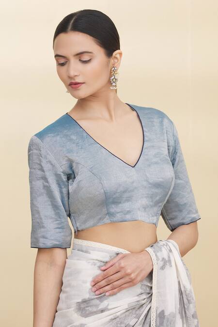 Pranay Baidya_Blue Tissue V Neck Blouse _Online_at_Aza_Fashions