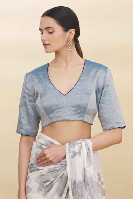 Shop_Pranay Baidya_Blue Tissue V Neck Blouse _Online_at_Aza_Fashions