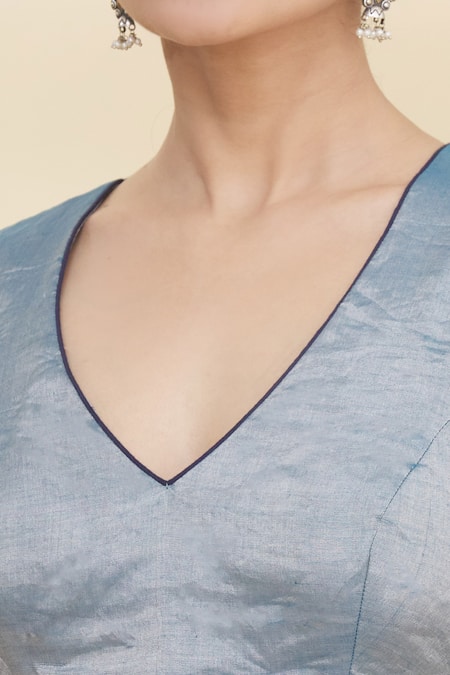 Pranay Baidya_Blue Tissue V Neck Blouse _at_Aza_Fashions