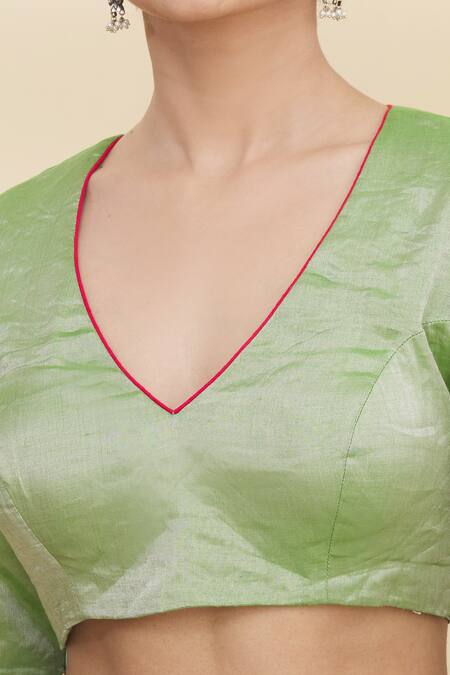Pranay Baidya Green Tissue V Neck Blouse at Aza Fashions Pranay Baidya_Green Tissue V Neck Blouse _at_Aza_Fashions