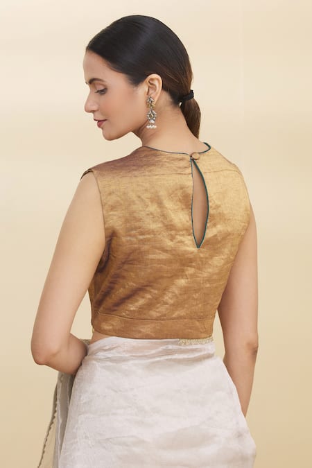 Shop Pranay Baidya Gold Tissue Round Blouse at Aza Fashions Shop_Pranay Baidya_Gold Tissue Round Blouse _at_Aza_Fashions