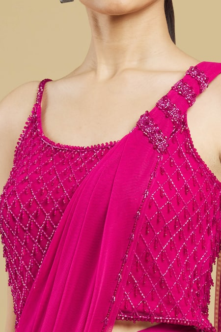 Arpan Vohra_Pink Tulle, Georgette Round Embroidered Pre-draped Saree With Blouse_at_Aza_Fashions