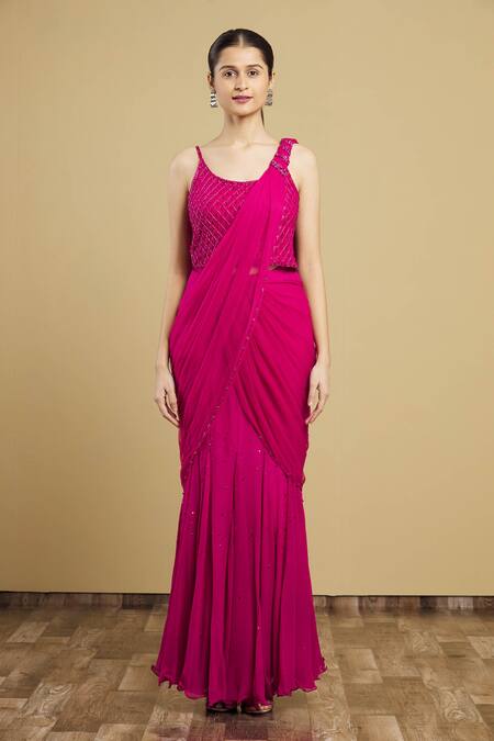 Arpan Vohra_Pink Tulle, Georgette Round Embroidered Pre-draped Saree With Blouse_Online_at_Aza_Fashions