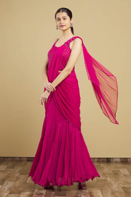 Buy_Arpan Vohra_Pink Tulle, Georgette Round Embroidered Pre-draped Saree With Blouse_Online_at_Aza_Fashions