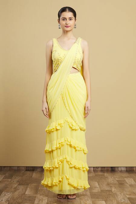 Arpan Vohra Yellow Tulle, Georgette Round Pre-draped Ruffle Saree With Blouse Online at Aza Fashions Arpan Vohra_Yellow Tulle, Georgette Round Pre-draped Ruffle Saree With Blouse _Online_at_Aza_Fashions