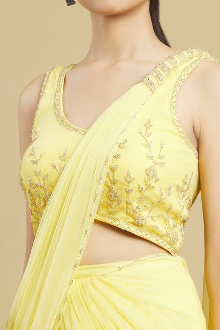 Arpan Vohra Yellow Tulle, Georgette Round Pre-draped Ruffle Saree With Blouse at Aza Fashions Arpan Vohra_Yellow Tulle, Georgette Round Pre-draped Ruffle Saree With Blouse _at_Aza_Fashions