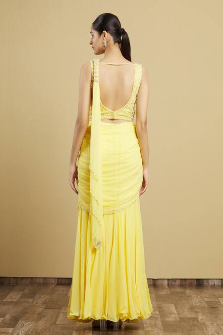 Shop Arpan Vohra Yellow Tulle, Georgette V Neck Pre-draped Ruffle Saree With Blouse at Aza Fashions Shop_Arpan Vohra_Yellow Tulle, Georgette V Neck Pre-draped Ruffle Saree With Blouse _at_Aza_Fashions