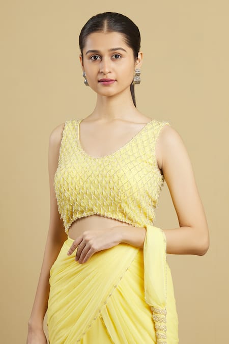 Shop Arpan Vohra Yellow Tulle, Georgette V Neck Pre-draped Ruffle Saree With Blouse Online at Aza Fashions Shop_Arpan Vohra_Yellow Tulle, Georgette V Neck Pre-draped Ruffle Saree With Blouse _Online_at_Aza_Fashions