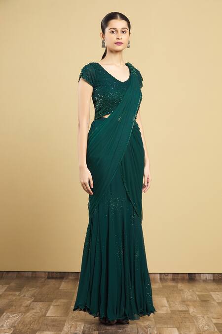 Arpan Vohra_Green Tulle, Georgette V Neck Embellished Lehenga Saree With Blouse _Online_at_Aza_Fashions