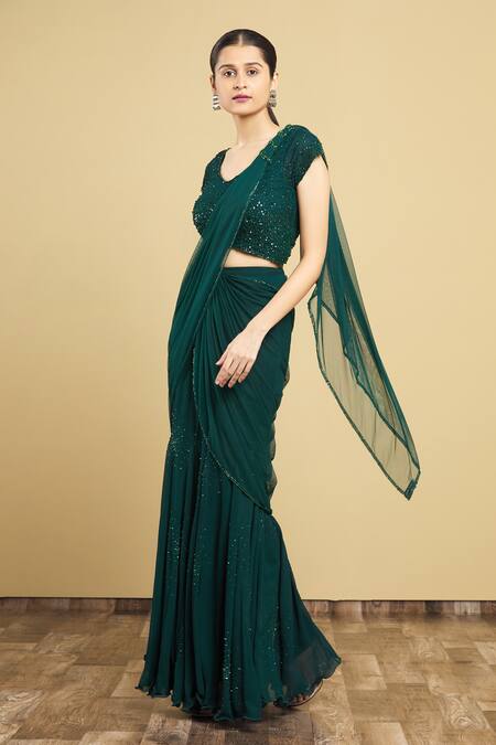 Buy_Arpan Vohra_Green Tulle, Georgette V Neck Embellished Lehenga Saree With Blouse _Online_at_Aza_Fashions