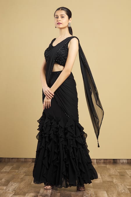 Black Color Premium Designer Party Wear Georgette Lehenga Saree