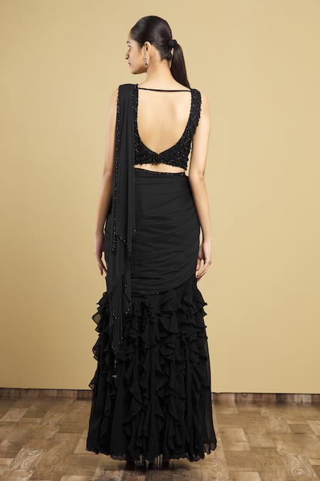 Shop_Arpan Vohra_Black Tulle, Georgette V Neck Embellished Lehenga Saree With Blouse _at_Aza_Fashions