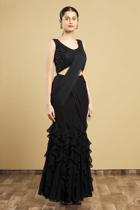 Arpan Vohra_Black Tulle, Georgette V Neck Embellished Lehenga Saree With Blouse _Online_at_Aza_Fashions
