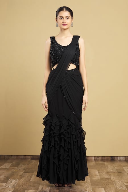Buy_Arpan Vohra_Black Tulle, Georgette V Neck Embellished Lehenga Saree With Blouse _Online_at_Aza_Fashions