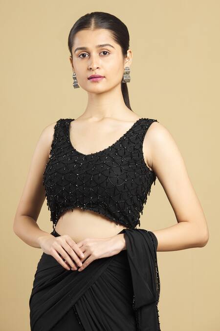 Shop_Arpan Vohra_Black Tulle, Georgette V Neck Embellished Lehenga Saree With Blouse _Online_at_Aza_Fashions