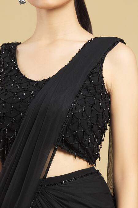 Arpan Vohra_Black Tulle, Georgette V Neck Embellished Lehenga Saree With Blouse _at_Aza_Fashions