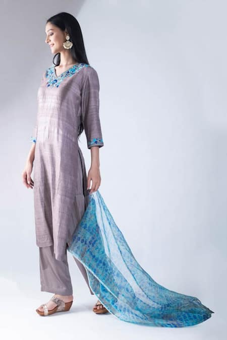Buy_Asha Gautam_Blue Monga Silk Embroidery V Neck Kurta Set  _Online_at_Aza_Fashions