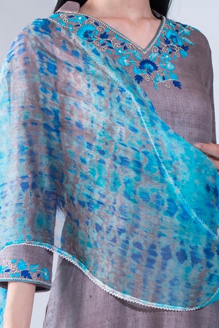 Shop_Asha Gautam_Blue Monga Silk Embroidery V Neck Kurta Set  _Online_at_Aza_Fashions