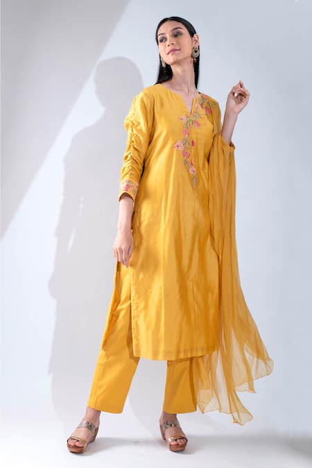 Asha Gautam Yellow Chanderi Silk Embroidery Round Kurta Set  