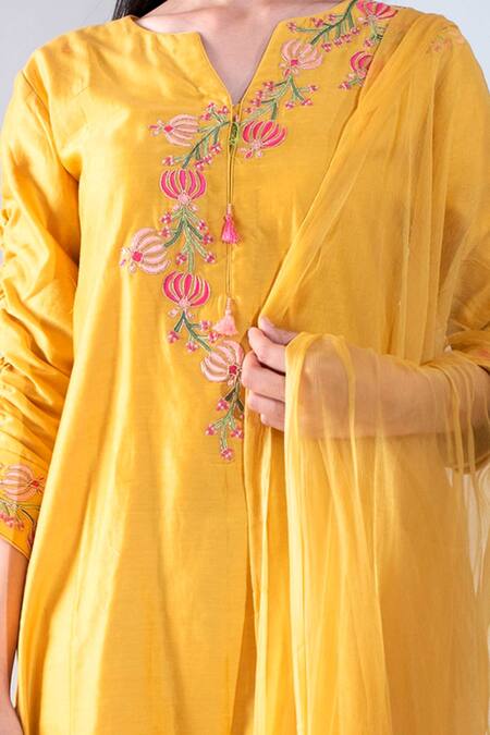 Buy_Asha Gautam_Yellow Chiffon, Cotton Lycra, Chanderi Silk Round Kurta Set _Online_at_Aza_Fashions