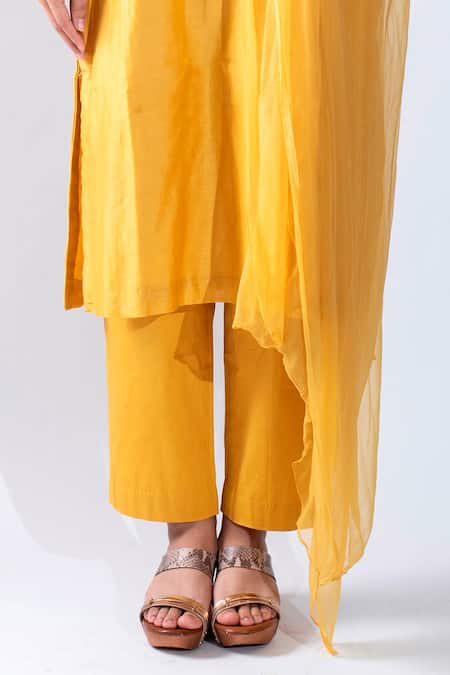 Shop_Asha Gautam_Yellow Chiffon, Cotton Lycra, Chanderi Silk Round Kurta Set _Online_at_Aza_Fashions