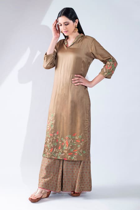 Asha Gautam_Brown Modal Satin, Monga Georgette V Neck Embroidered Kurta And Palazzo Set _Online_at_Aza_Fashions
