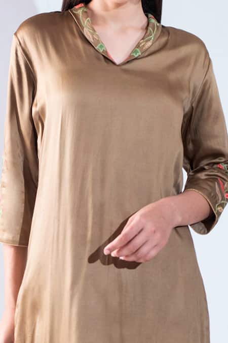 Buy_Asha Gautam_Brown Modal Satin, Monga Georgette V Neck Embroidered Kurta And Palazzo Set _Online_at_Aza_Fashions
