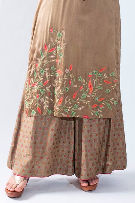 Shop_Asha Gautam_Brown Modal Satin, Monga Georgette V Neck Embroidered Kurta And Palazzo Set _Online_at_Aza_Fashions