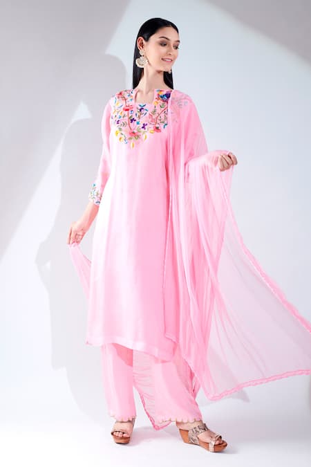 Buy_Asha Gautam_Pink Organza Embroidery Boat Kurta Set  _Online_at_Aza_Fashions