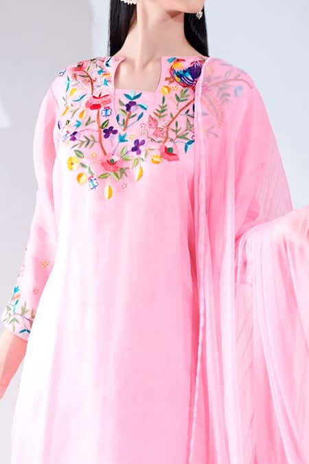 Shop_Asha Gautam_Pink Organza Embroidery Boat Kurta Set  _Online_at_Aza_Fashions