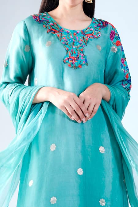 Buy_Asha Gautam_Blue Organza Embroidery Round Kurta Set  _Online_at_Aza_Fashions