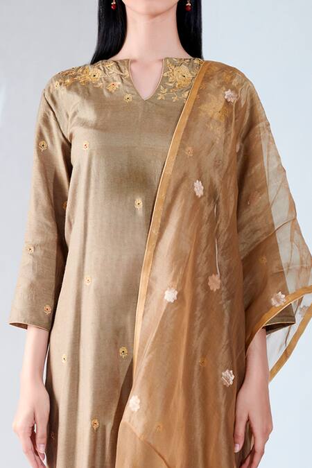 Shop_Asha Gautam_Brown Monga Embroidered Kurta Set_Online_at_Aza_Fashions