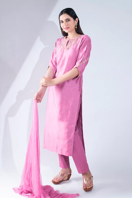 Buy_Asha Gautam_Pink Chanderi Silk Embroidery Round Kurta Set  _Online_at_Aza_Fashions